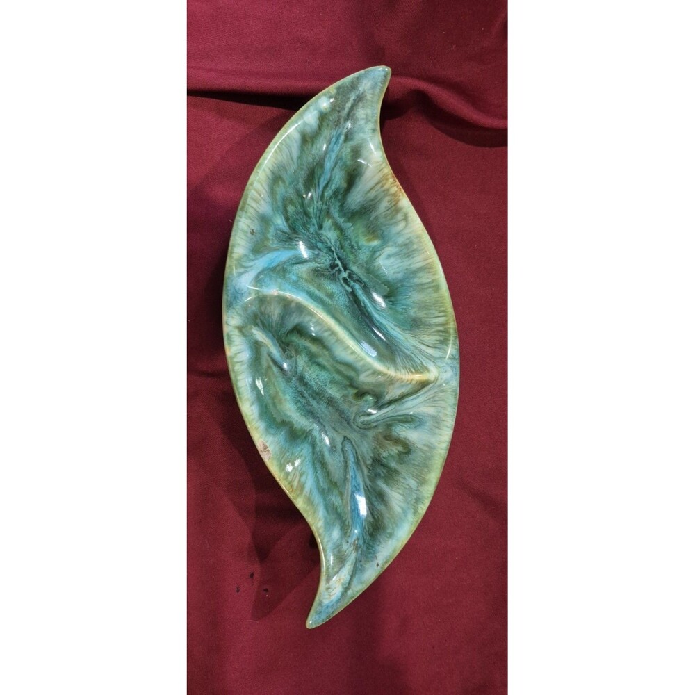 MCM Vintage Green Turquoise Drip Glaze Leaf Dish Ceramic Divided Platter READ